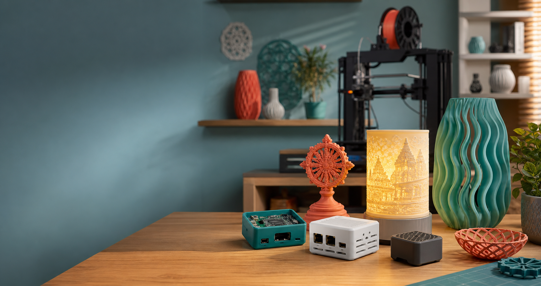 Premium 3D printed decor, lithophane lamp, IoT gadgets, and a 3D printer in a modern studio