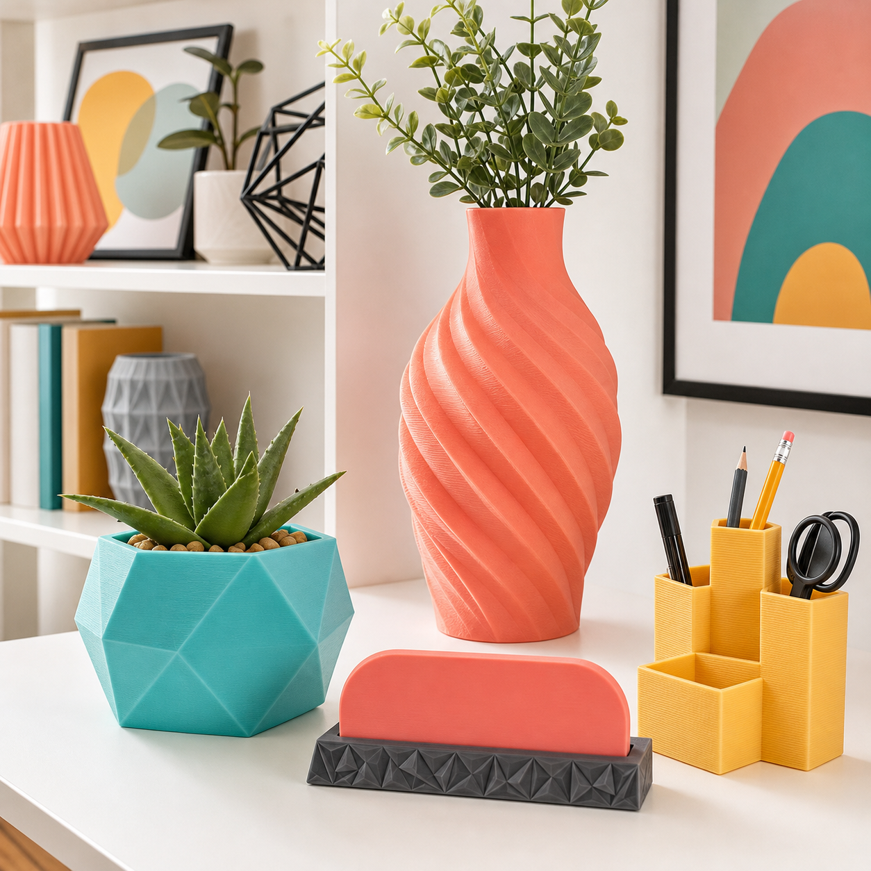Colorful 3D printed vase, planter, desk organizer, and home decor products
