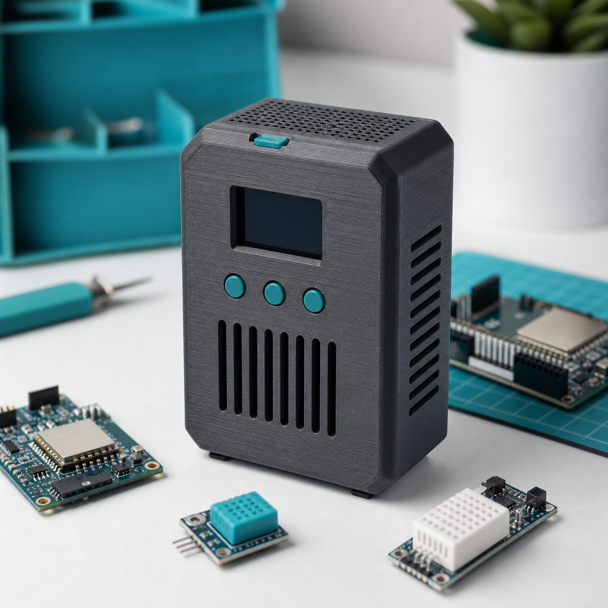 3D printed IoT gadget enclosure with electronics on a workbench